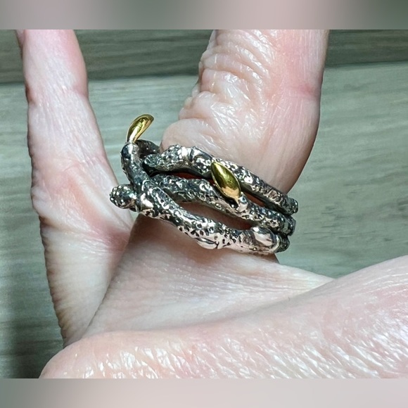 Stephen Dweck Diamonds Sterling Silver & Gold Triple Fortuna Branch Ring, Size 5 - Picture 9 of 10